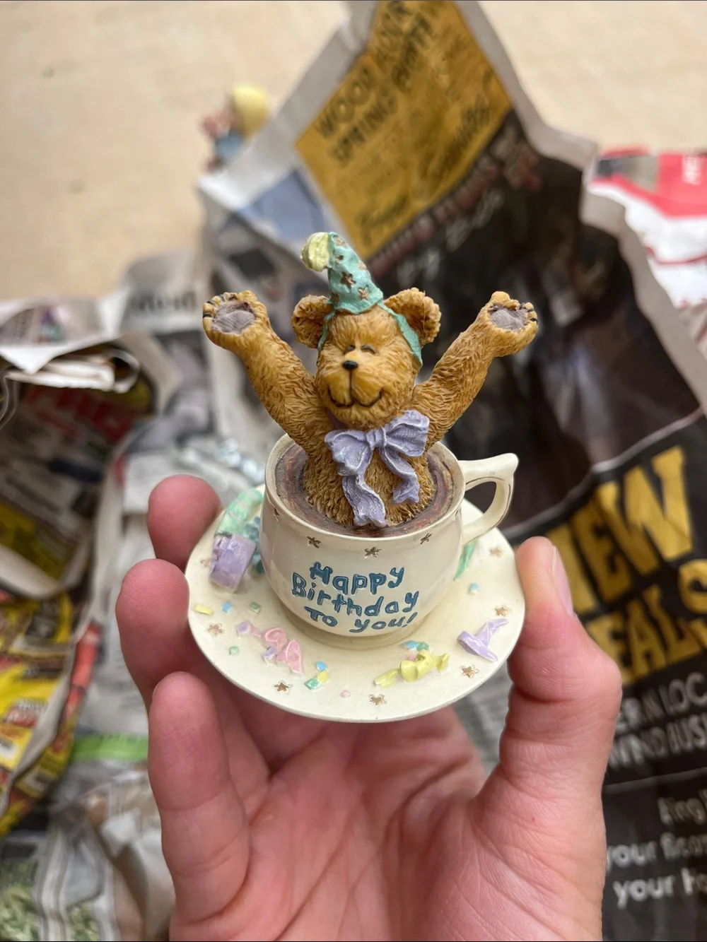 Happy Birthday Teddy in Teacup Figurine - Pastel Colors
